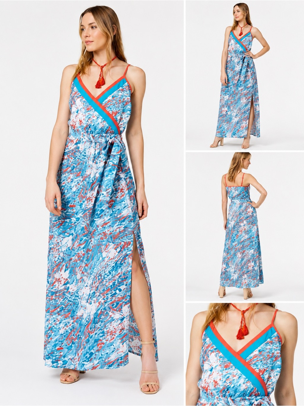NEW BAR III July 4th Red White & Blue Abstract Print Maxi Tie-Wrap Cinched Waist